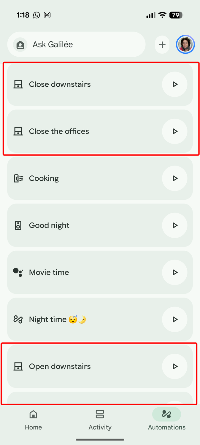 Screenshot of my Google Home automations to open and close downstairs and the offices