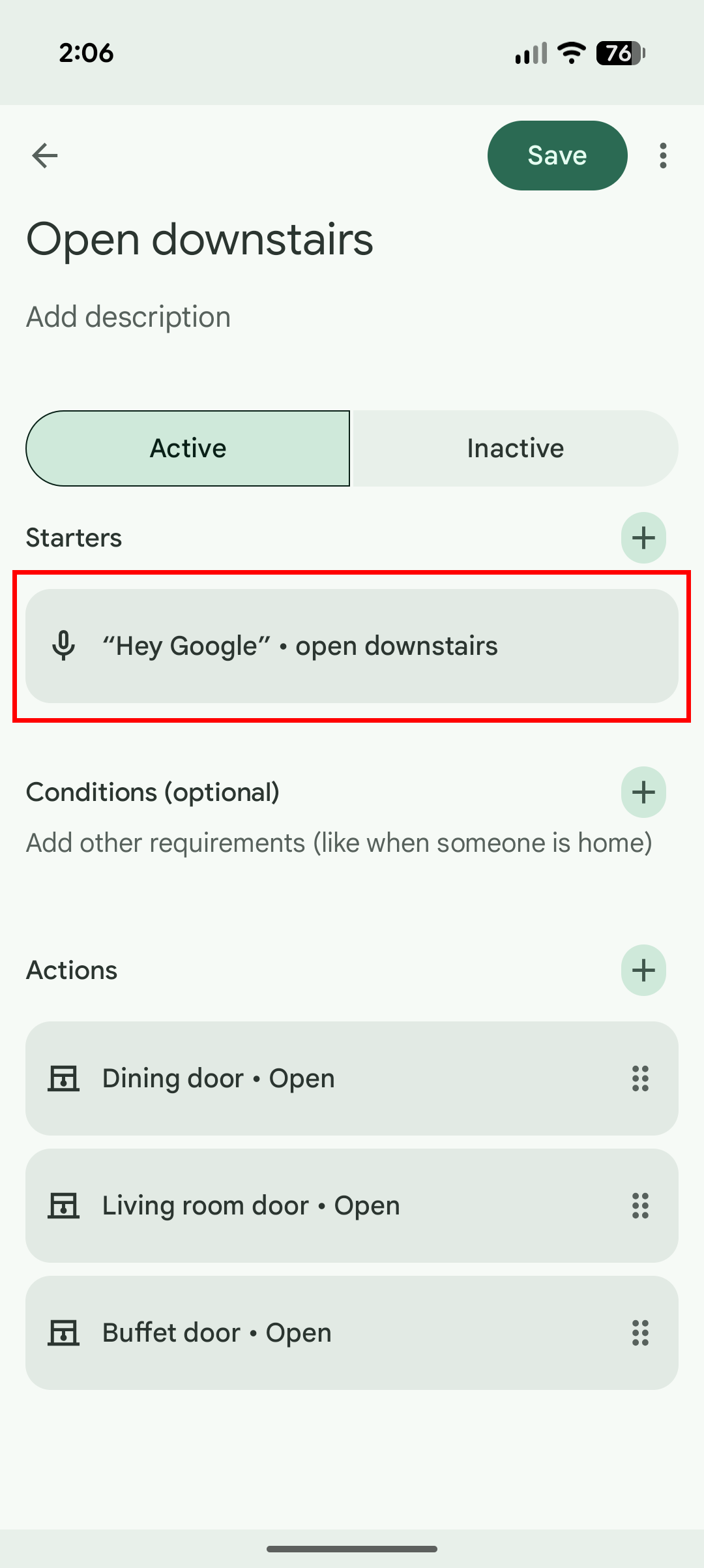 Screenshot of my Google Home automation to "open downstairs"