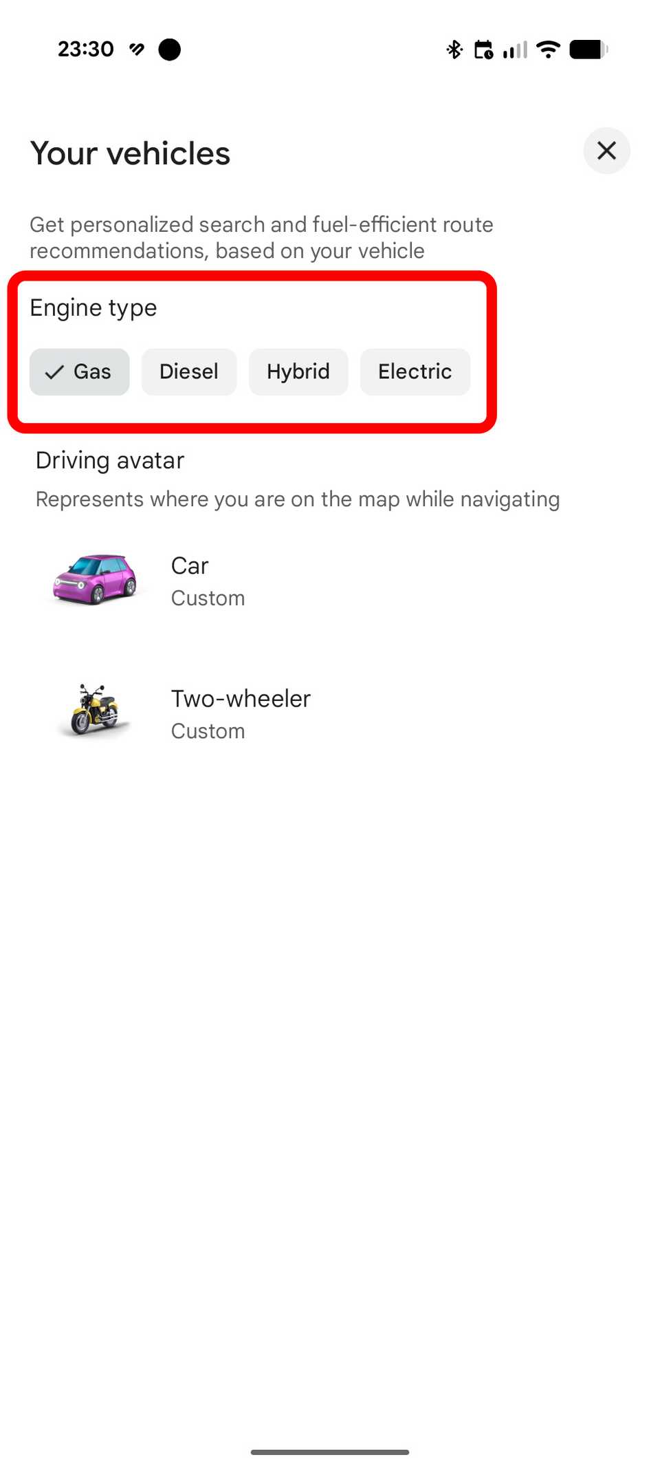 Tipo di veicolo e motore di Google Maps