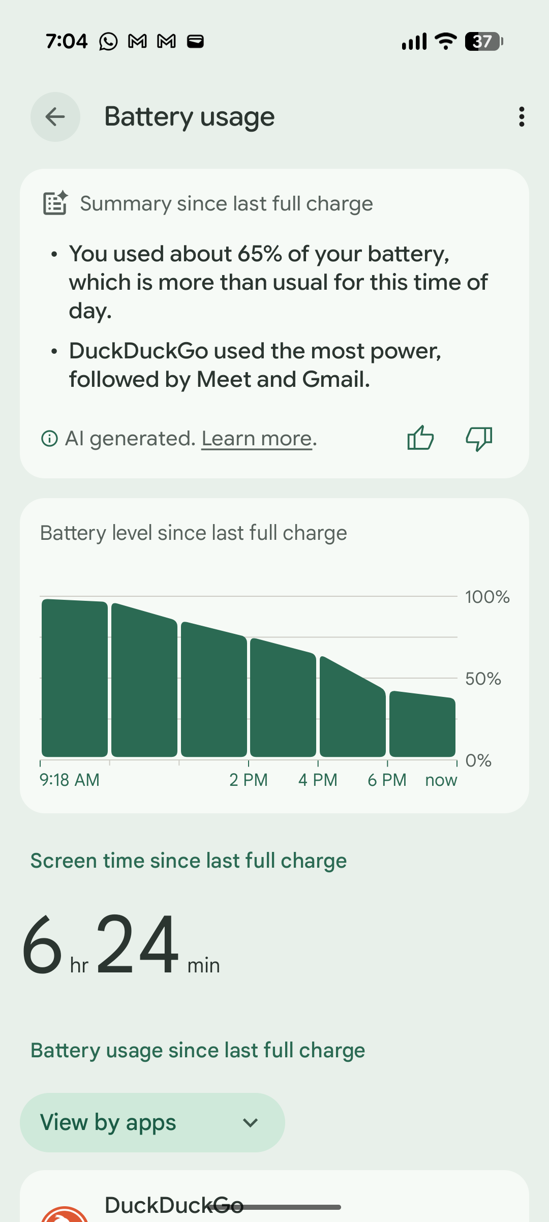 Screenshot of the Pixel 11 Pro XL battery usage menu with screen on time