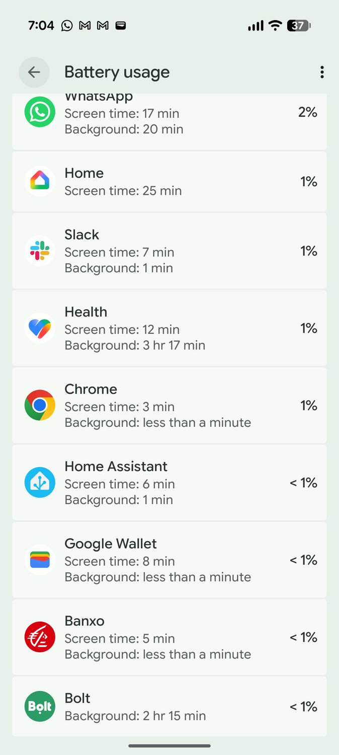 Screenshot of the Pixel 11 Pro XL battery usage menu with Google Health showing limited use