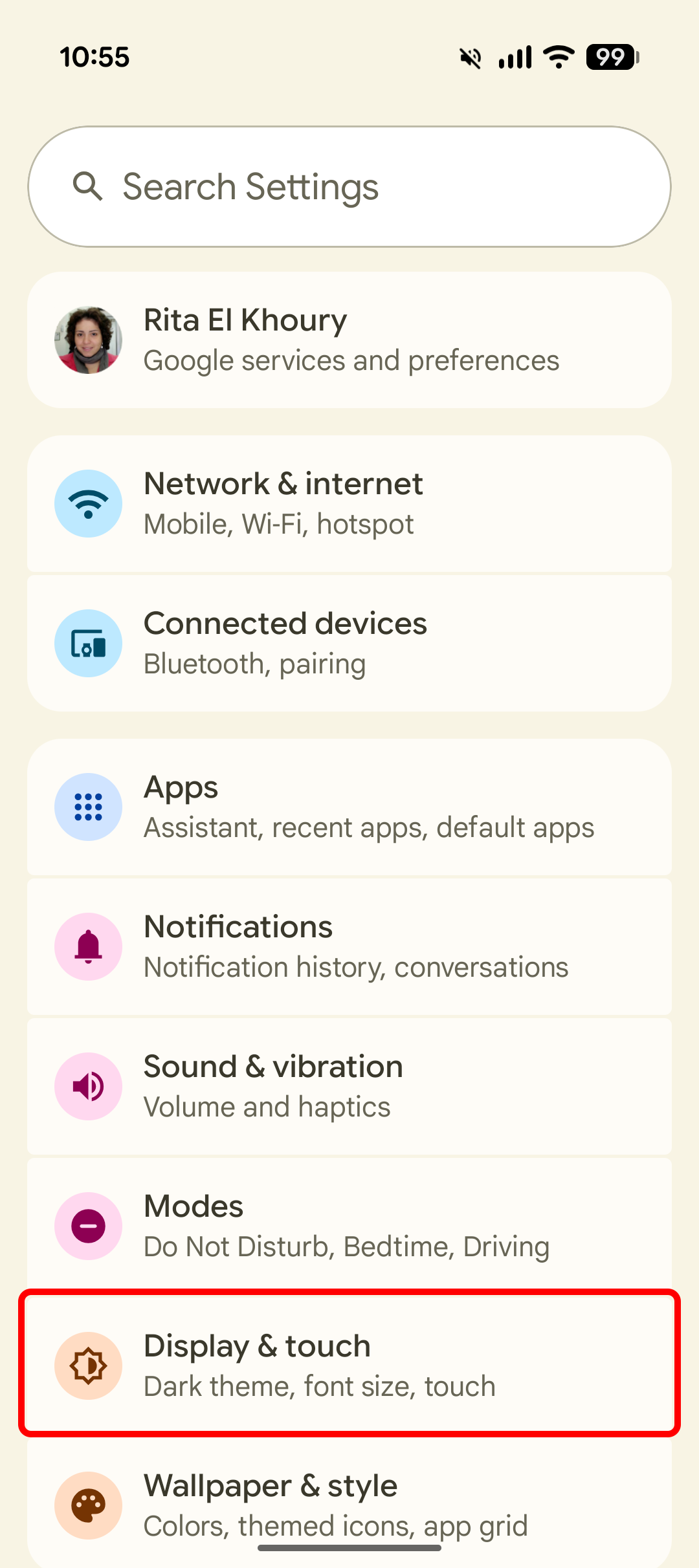 Screenshot of the Google Pixel settings highlighting the Display & touch menu