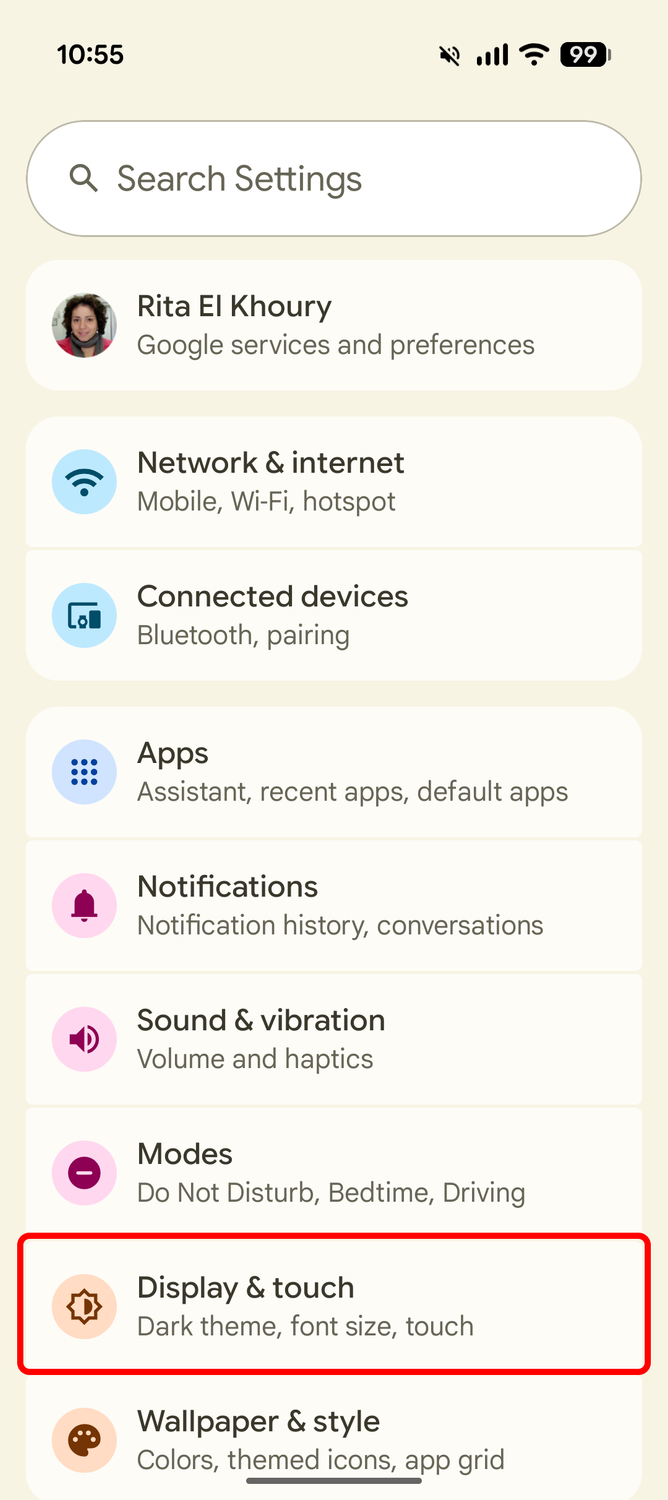 Screenshot of the Google Pixel settings highlighting the Display & touch menu