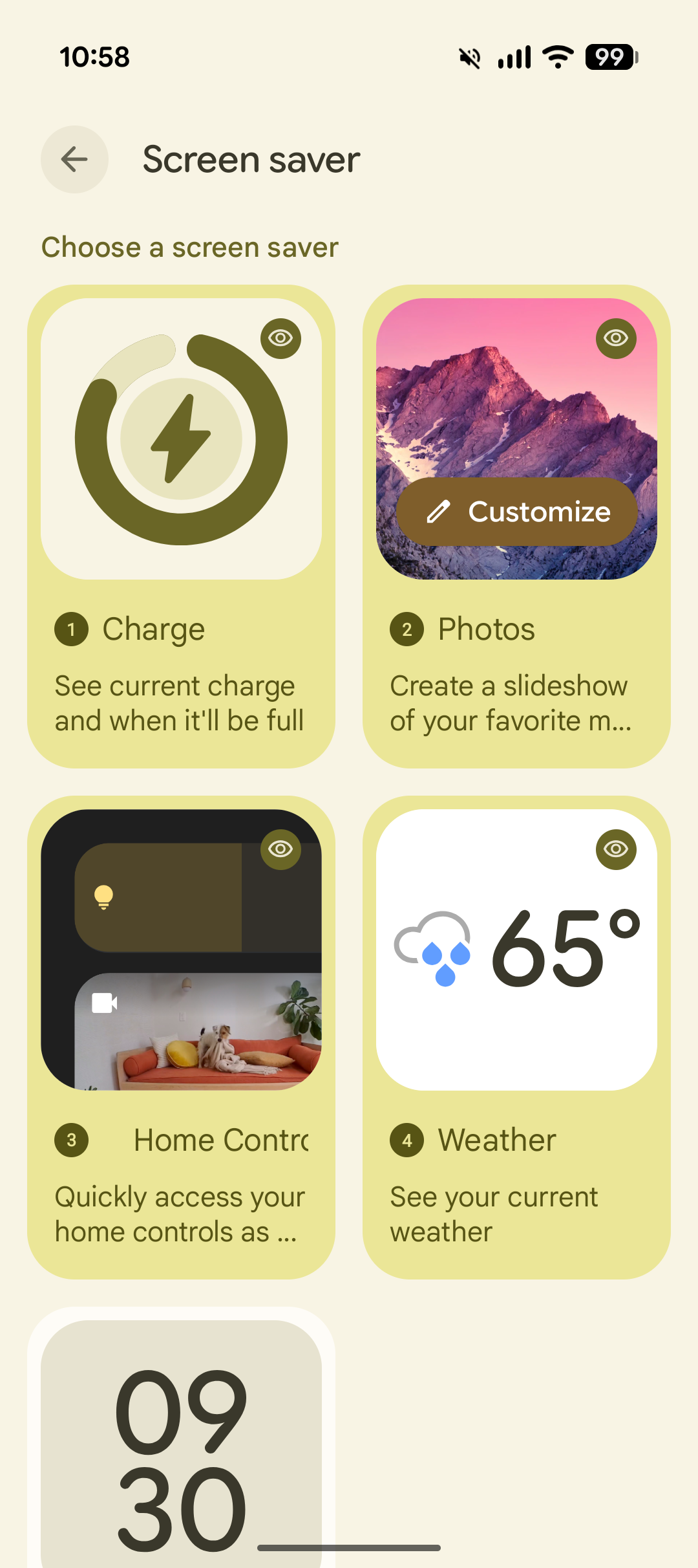Screenshot of the Google Pixel screen saver settings showing multiple options selected