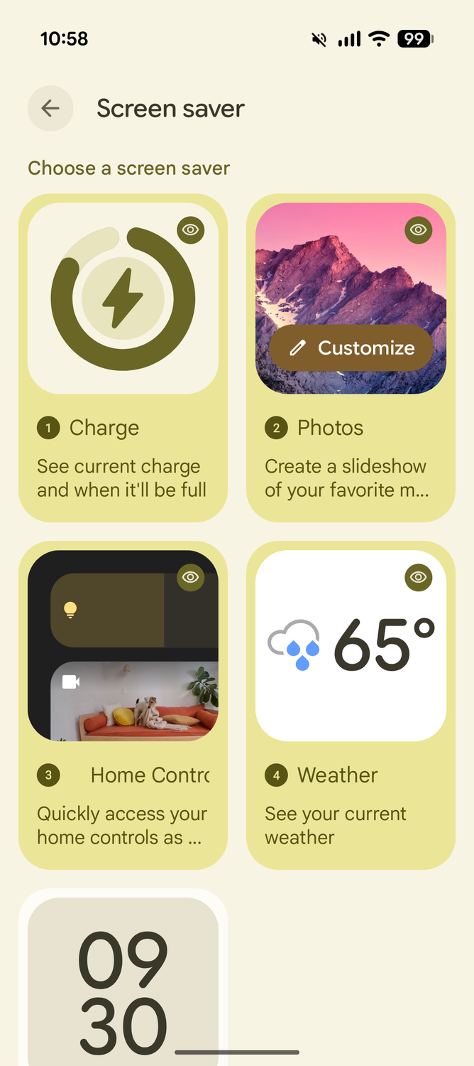 Screenshot of the Google Pixel screen saver settings showing multiple options selected