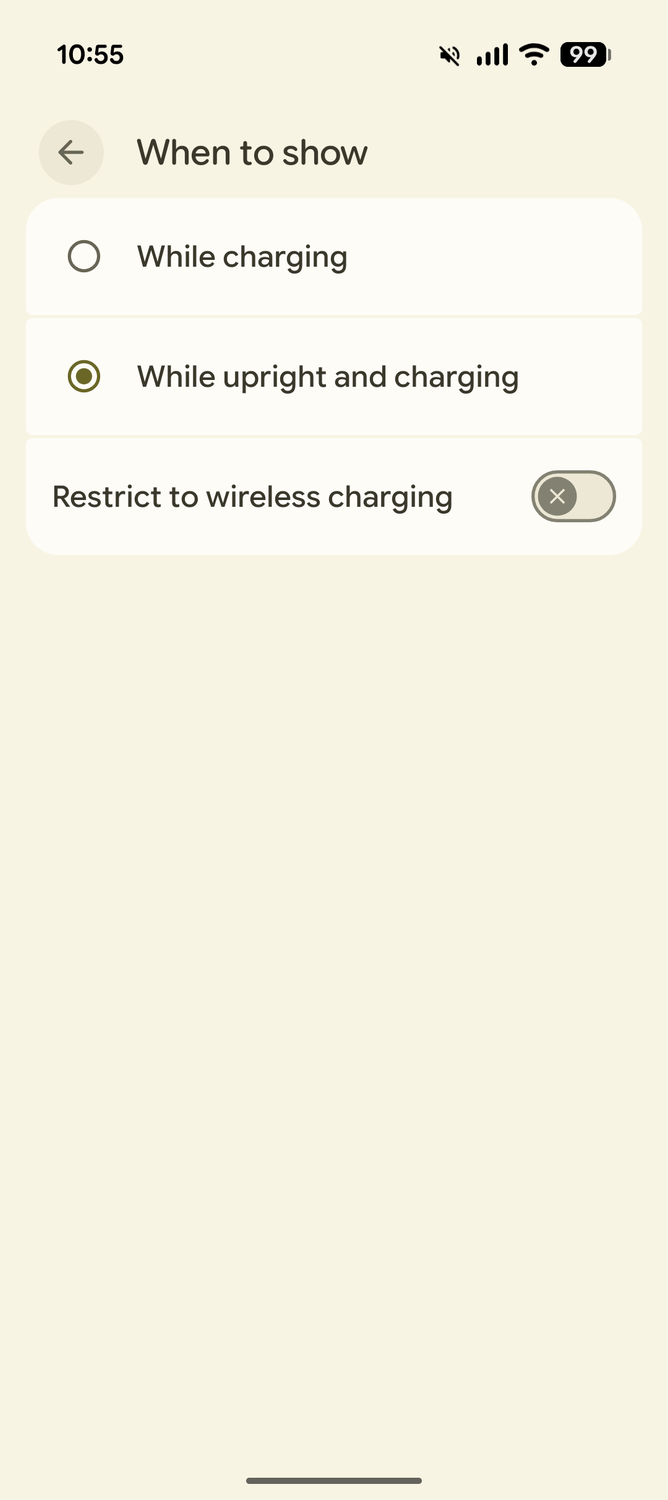 Screenshot of the Google Pixel screen saver settings with the When To Show options