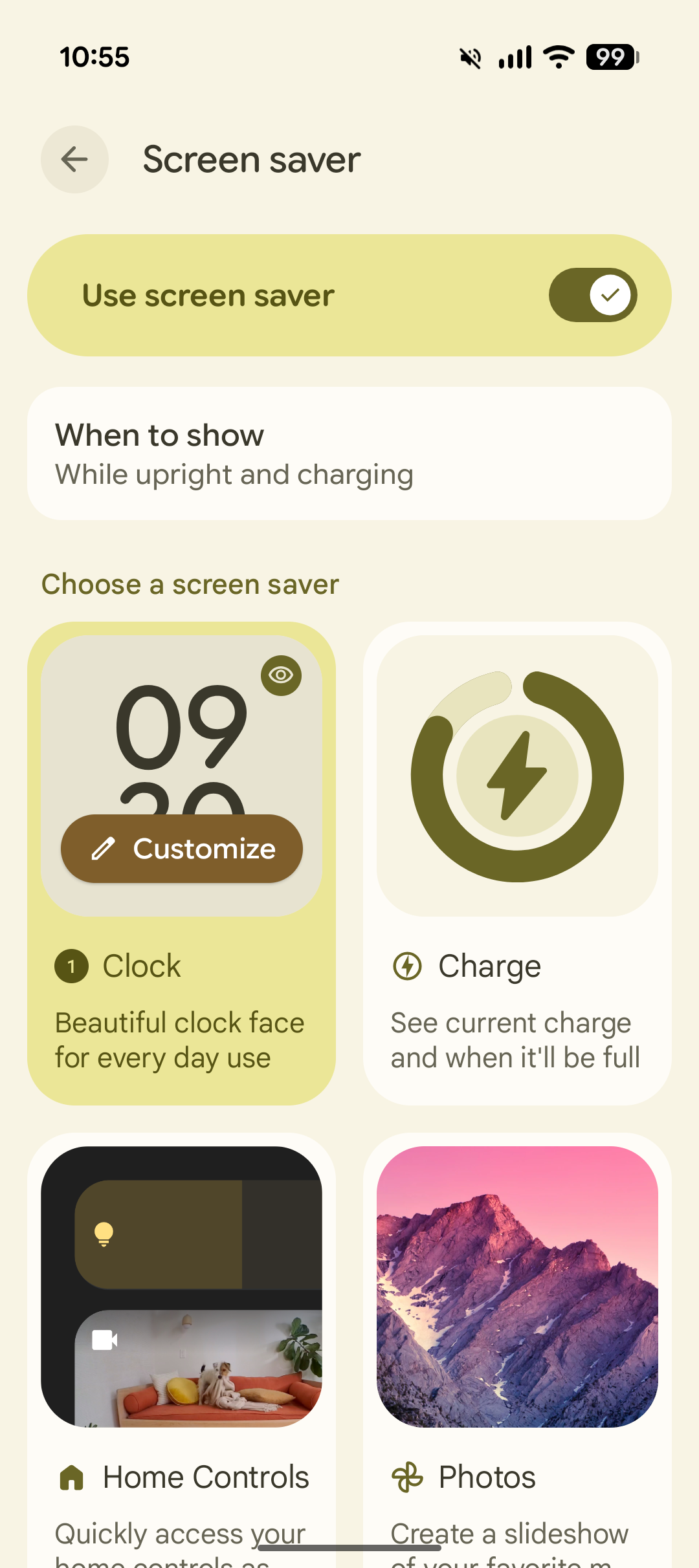 Screenshot of the Google Pixel screen saver settings showing the main toggle and When to Show setting