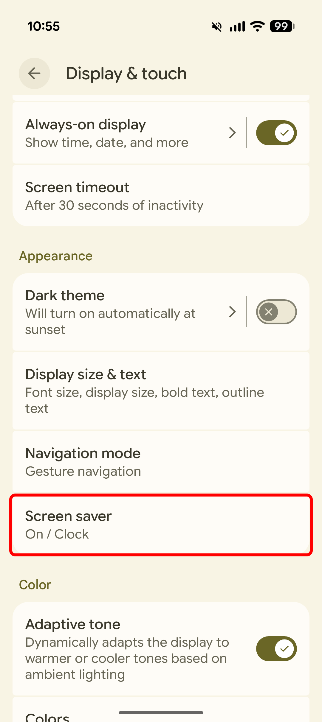 Screenshot of the Google Pixel settings highlighting the Display & touch menu's Screen saver option
