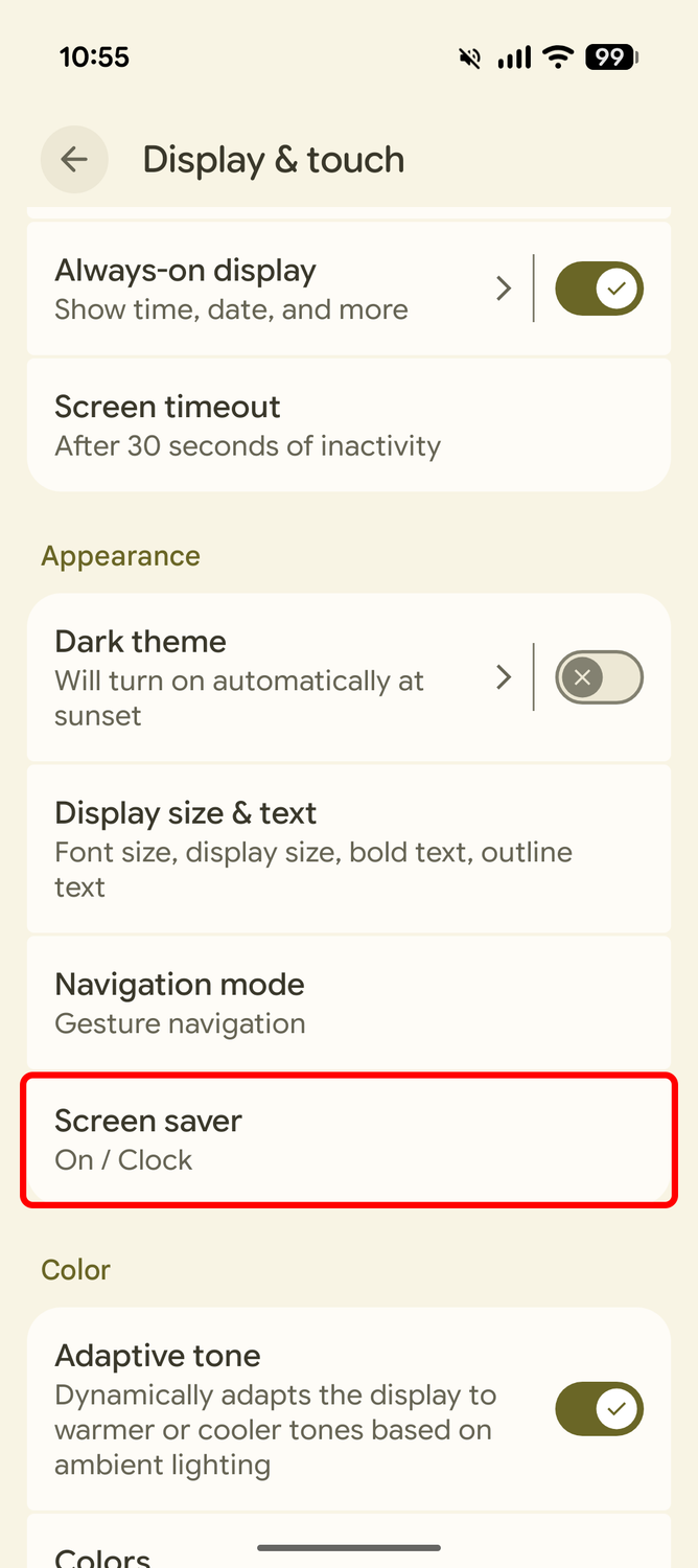 Screenshot of the Google Pixel settings highlighting the Display & touch menu's Screen saver option