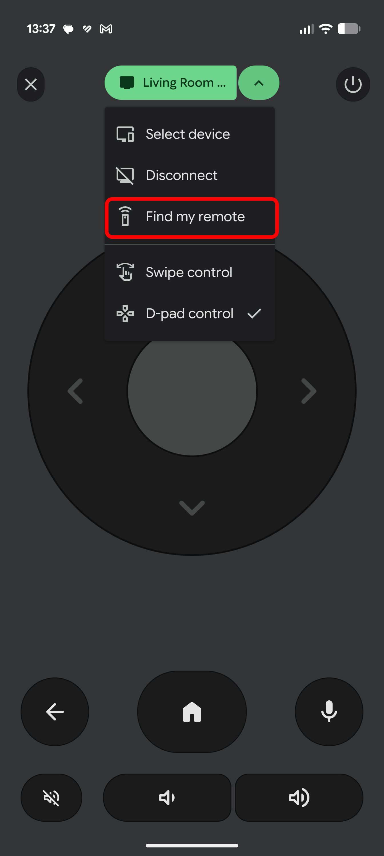 Find my remote button on Google TV app