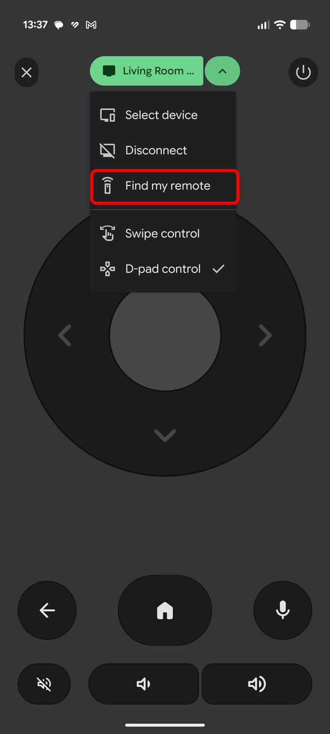 Find my remote button on Google TV app