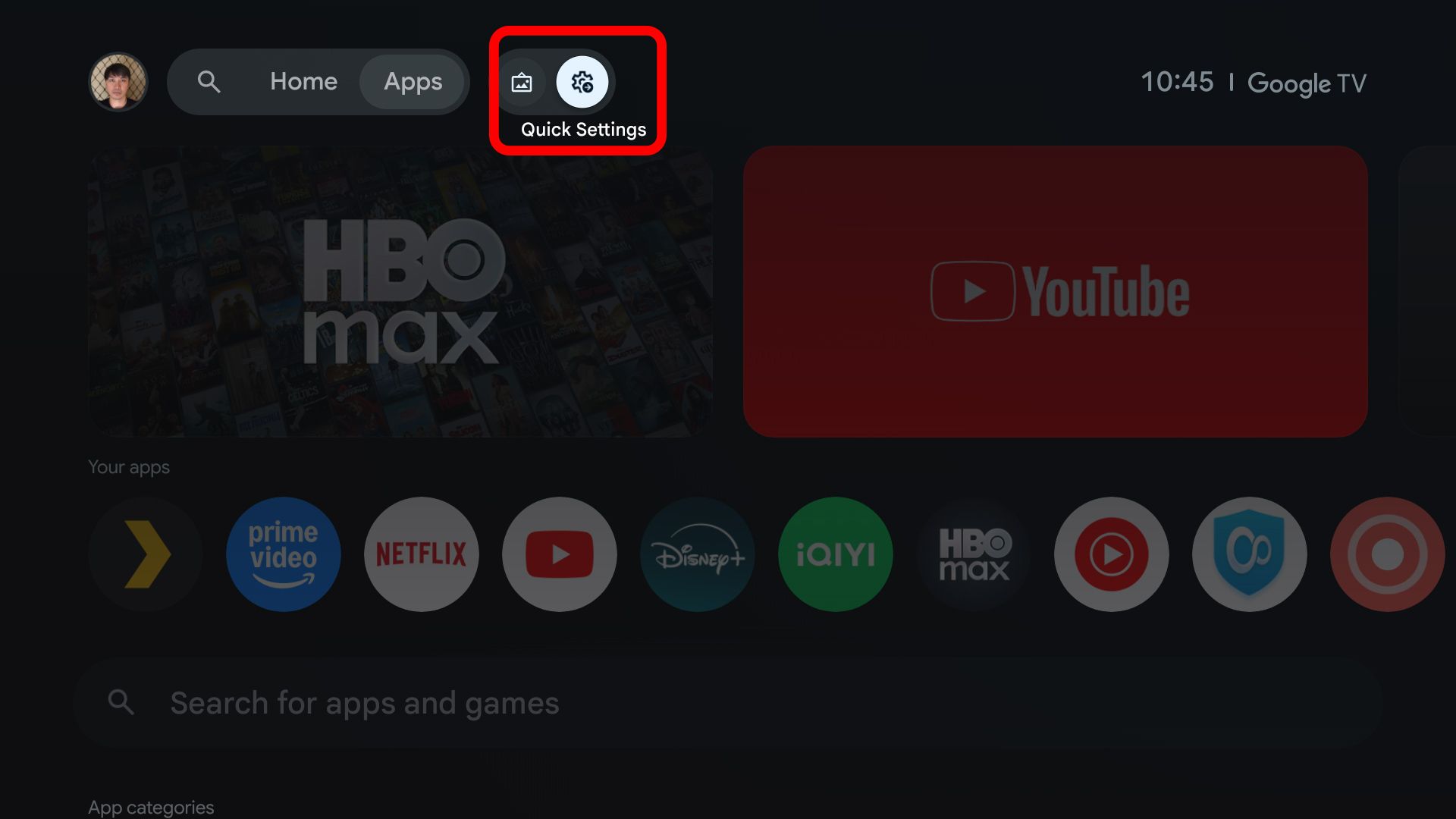 Google TV Quick Settings button