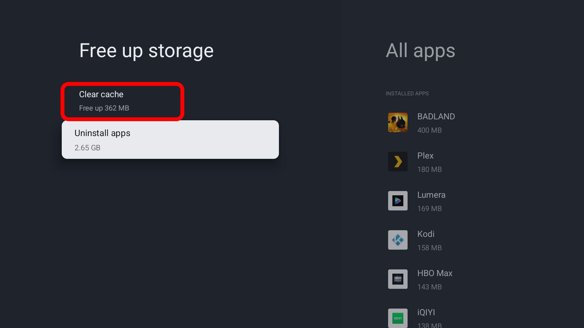 Google TV clear app cache