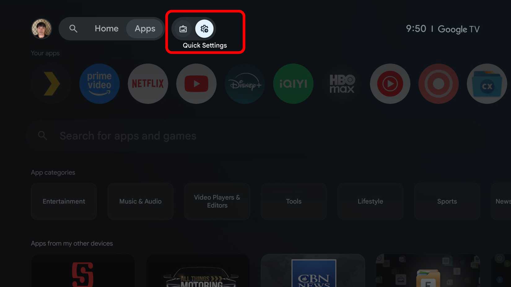 Google TV Streamer main home settings accessing quick settings button