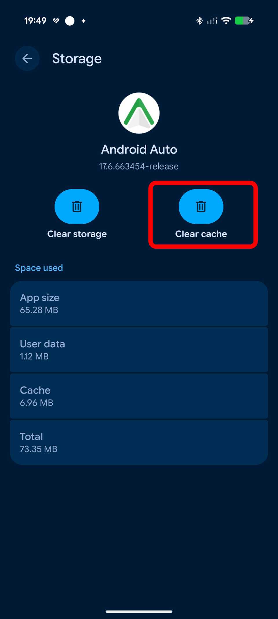 Spazio di archiviazione e cache dell’app Android Auto su un Google Pixel