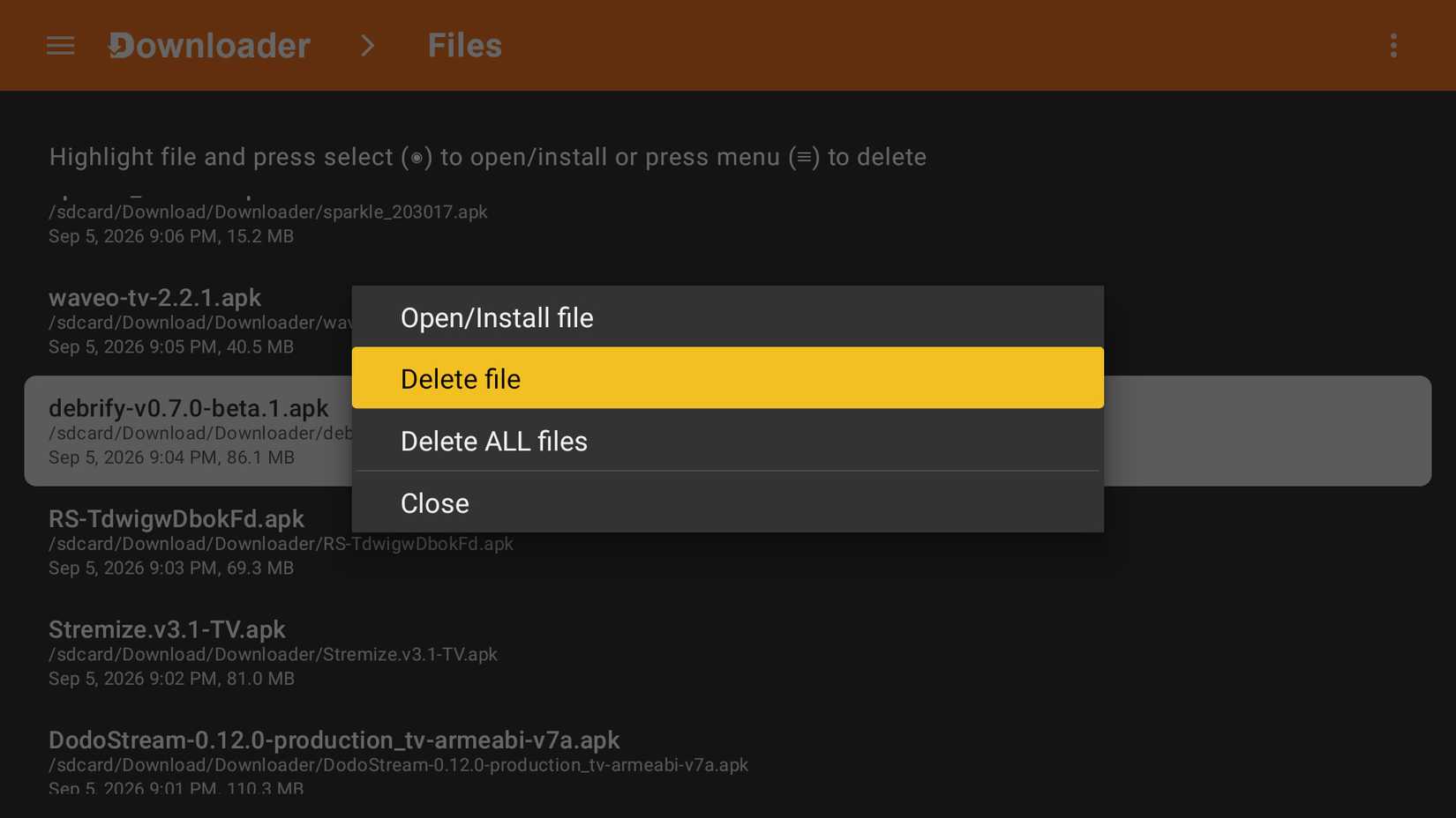 Downloader file manager showing deleting of an app and APK installers