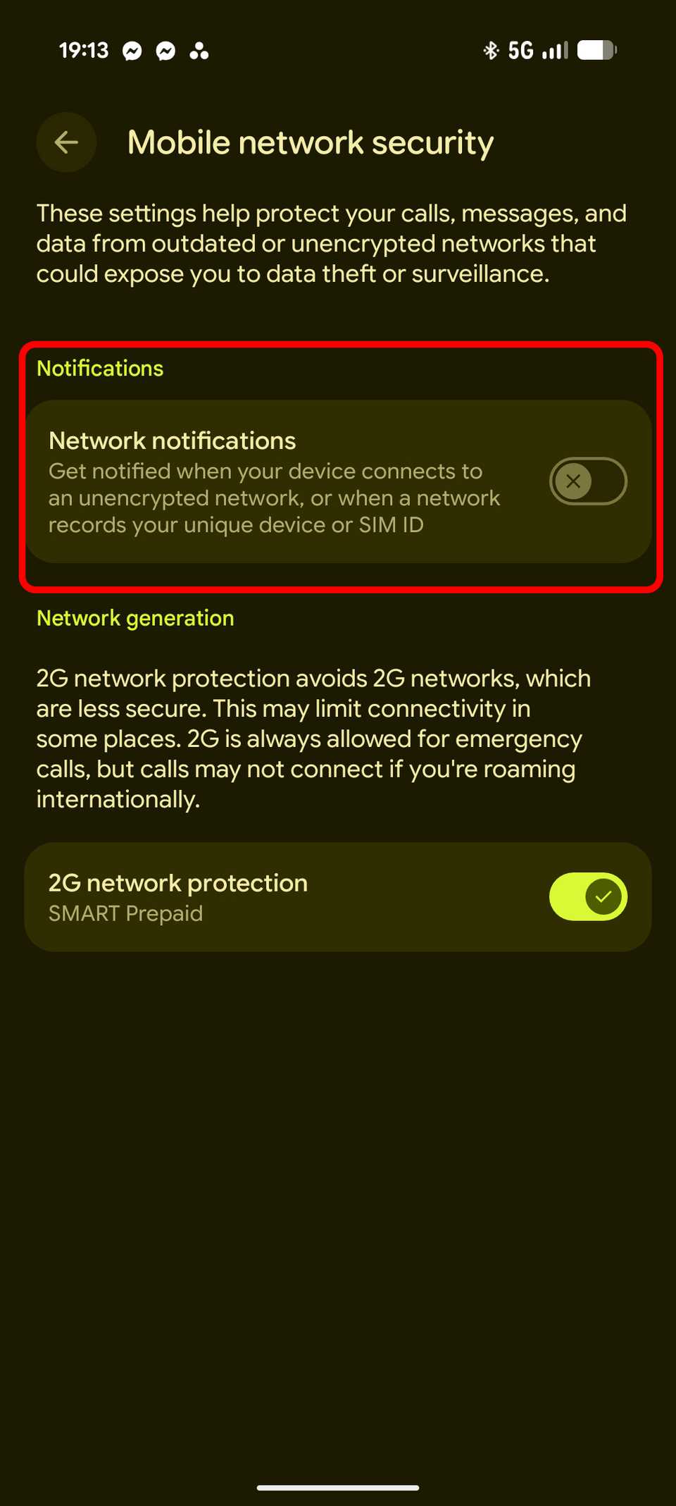 Network notifications highlighted in settings