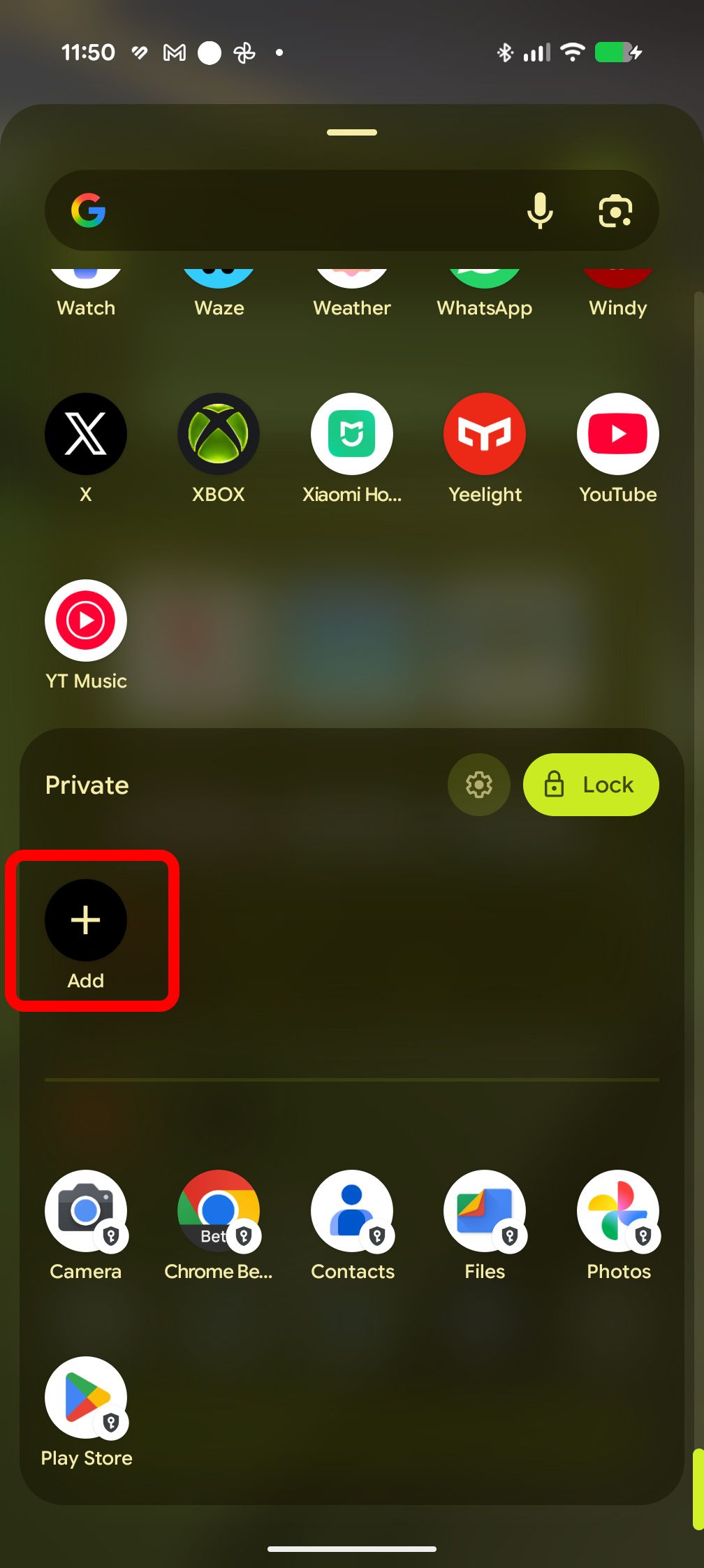Add files or apps button on Private Space