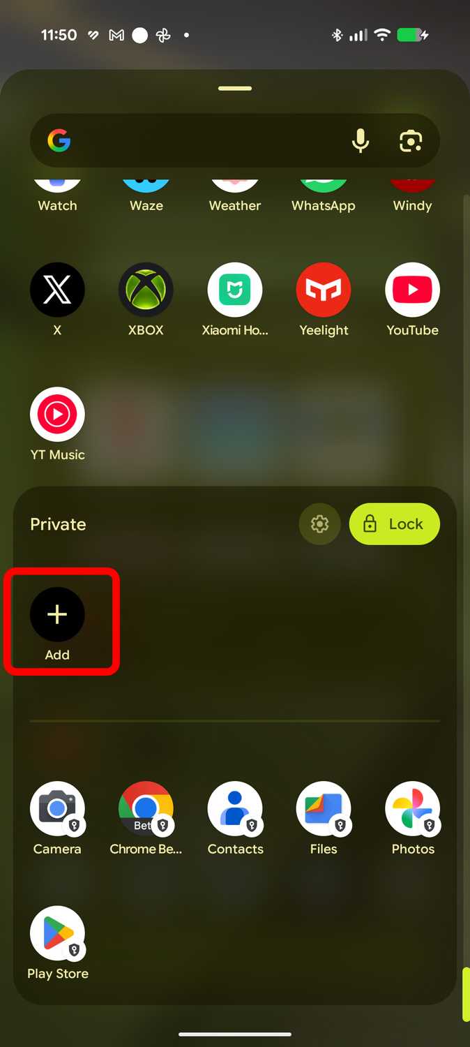 Add files or apps button on Private Space