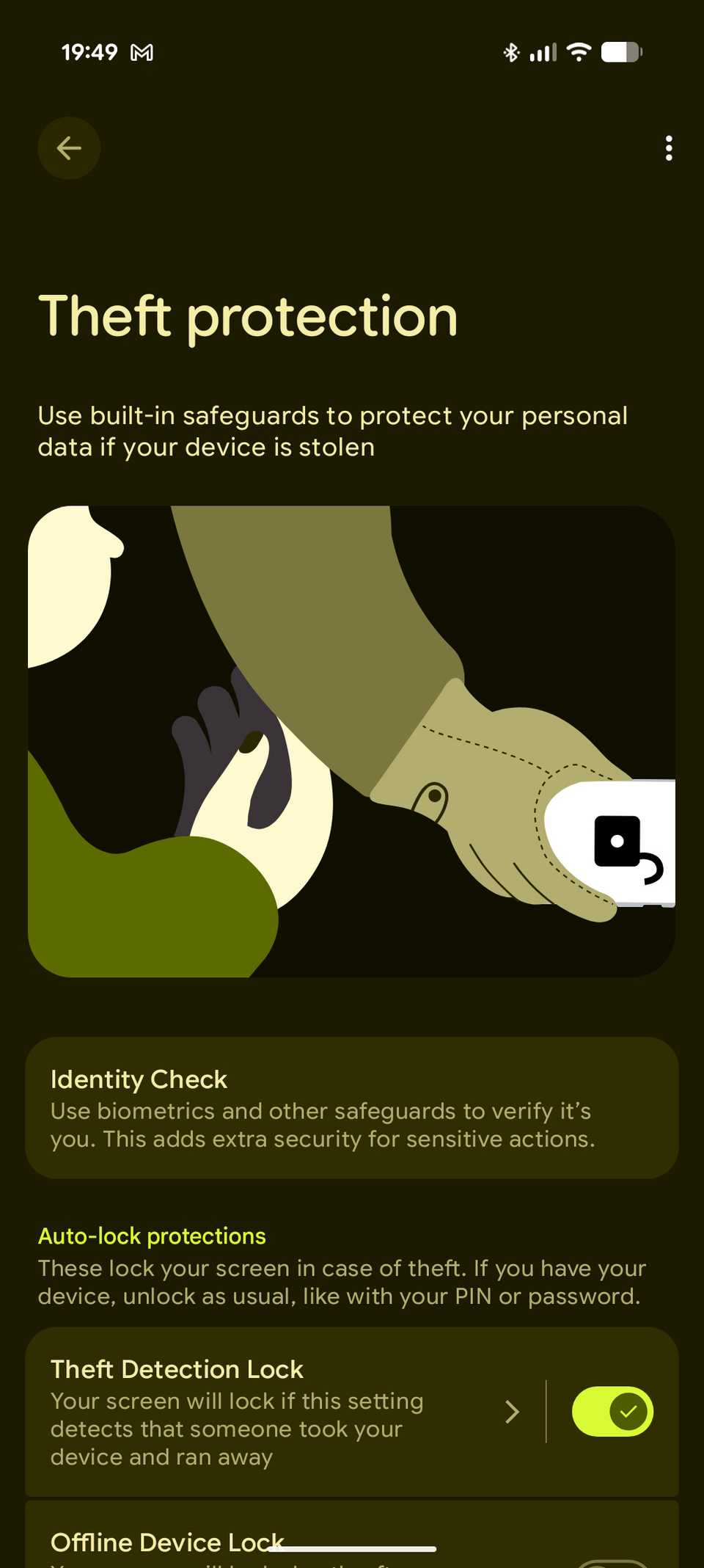 Theft Protection settings on Google Pixel