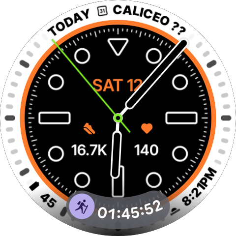 Screenshot of the Pixel Watch's watch face with At a glance notification for a hiking exercise