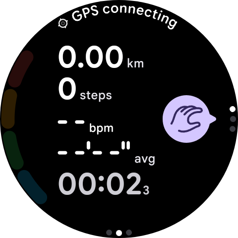 Screenshot of the Google Pixel Watch with an ongoing exercise showing the available hand gesture