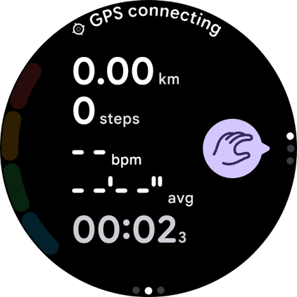 Screenshot of the Google Pixel Watch with an ongoing exercise showing the available hand gesture