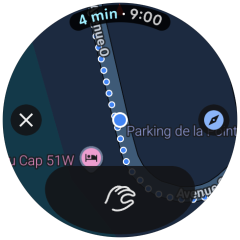 Screenshot of the Google Pixel Watch with an ongoing Maps trip showing the available hand gesture