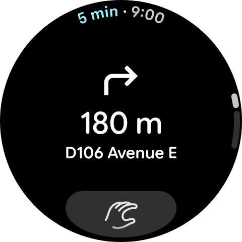 Screenshot of the Google Pixel Watch with an ongoing Maps trip showing the available hand gesture