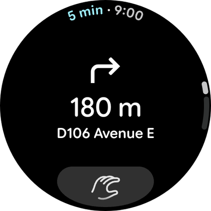 Screenshot of the Google Pixel Watch with an ongoing Maps trip showing the available hand gesture