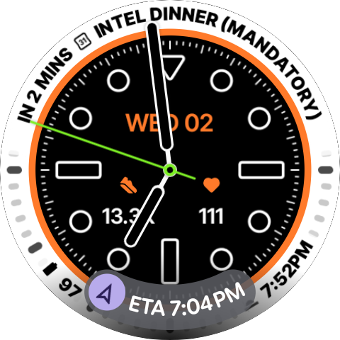 Screenshot of the Pixel Watch's watch face with At a glance notification showing a Google Maps ETA