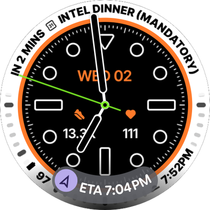 Screenshot of the Pixel Watch's watch face with At a glance notification showing a Google Maps ETA