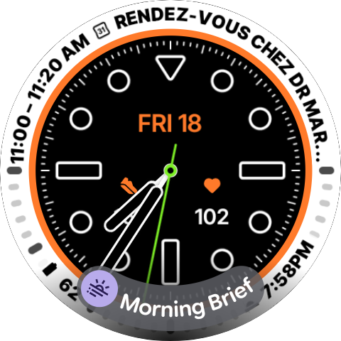 Screenshot of the Pixel Watch's watch face with At a glance notification for the Morning Brief
