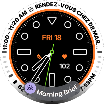 Screenshot of the Pixel Watch's watch face with At a glance notification for the Morning Brief