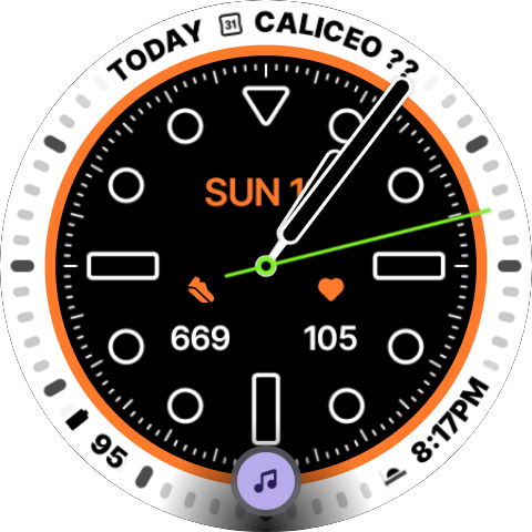 Screenshot of the Pixel Watch's watch face with At a glance notification for ongoing music