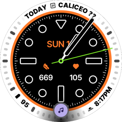 Screenshot of the Pixel Watch's watch face with At a glance notification for ongoing music