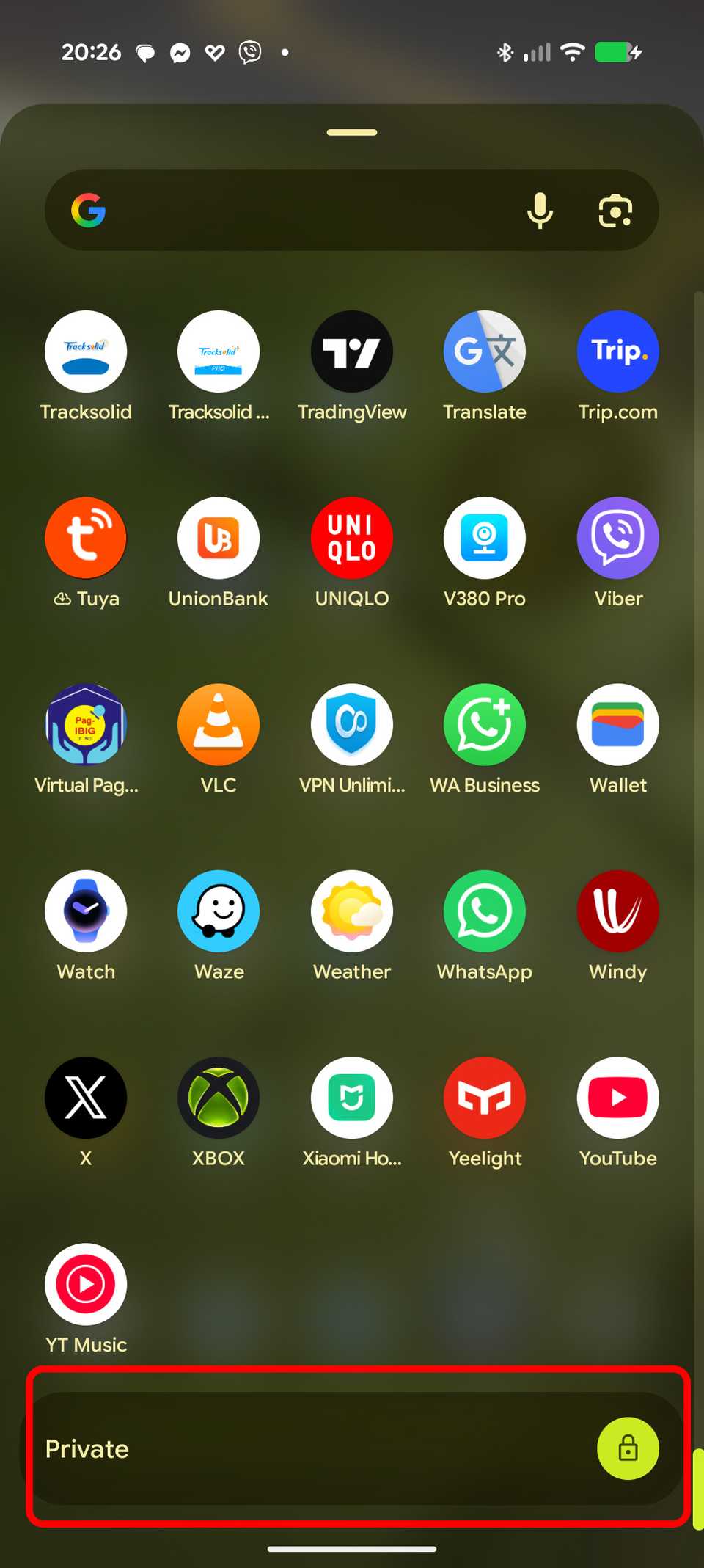 App menu with Private Space on Google Pixel