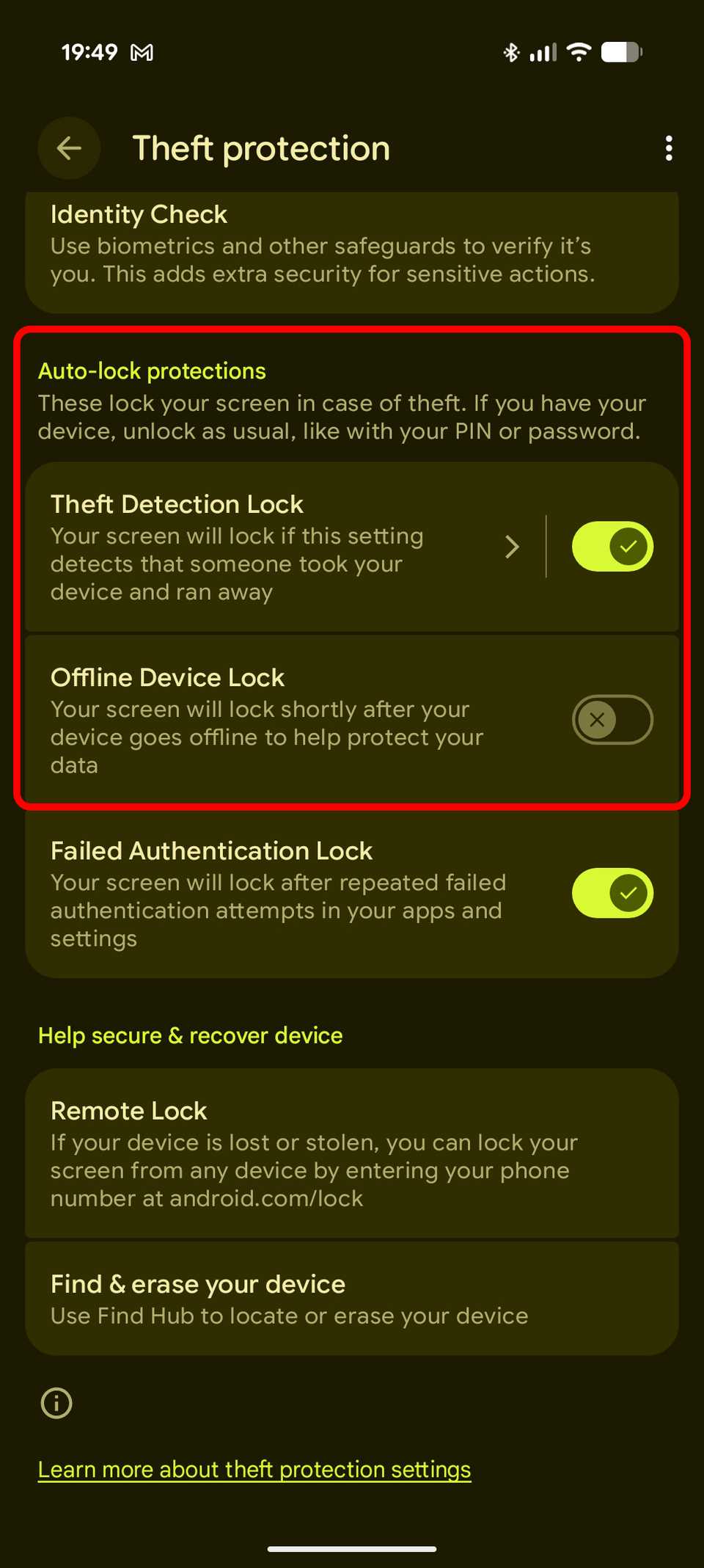 Toggles for Theft Protection feature