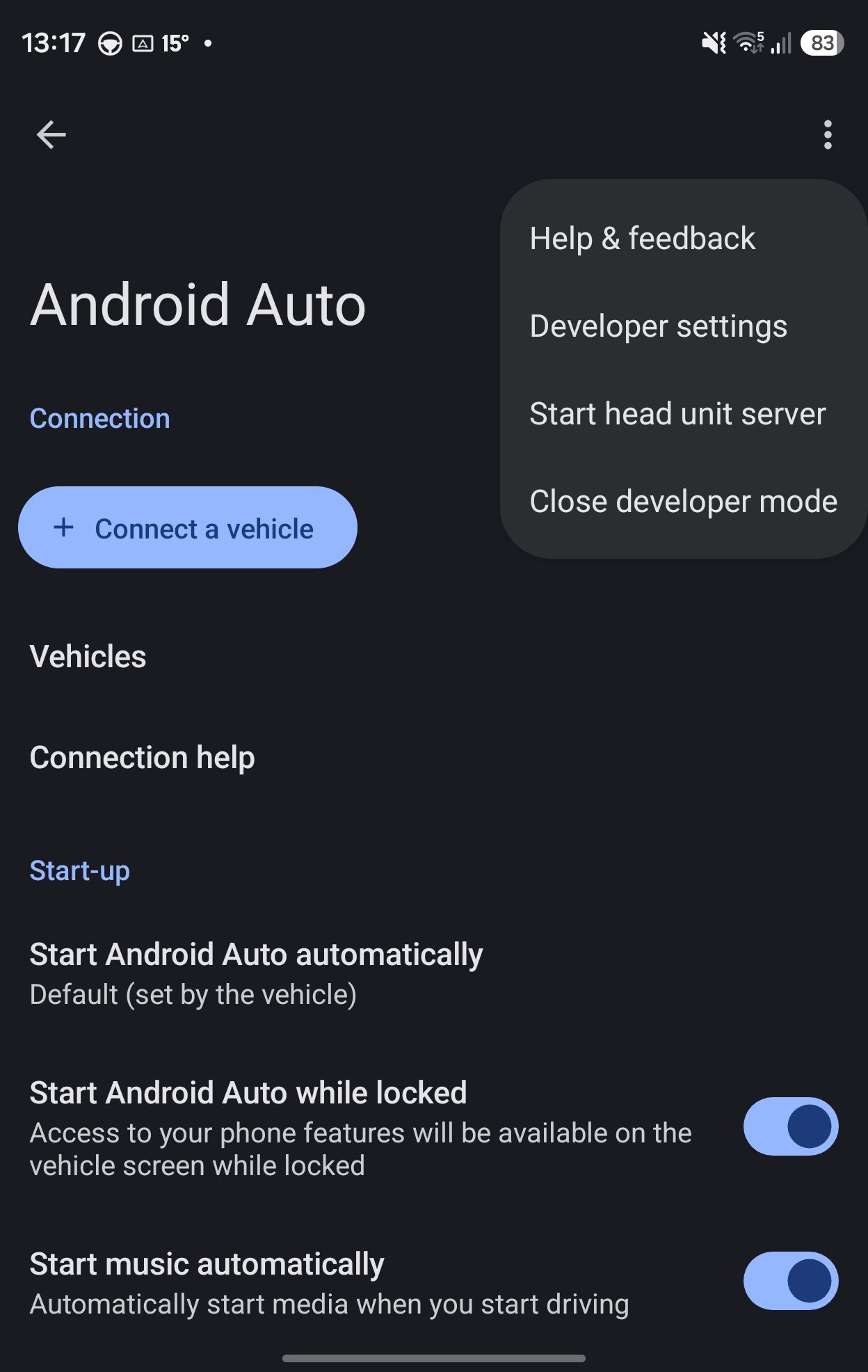 Starting the head unit server in the Android Auto settings.
