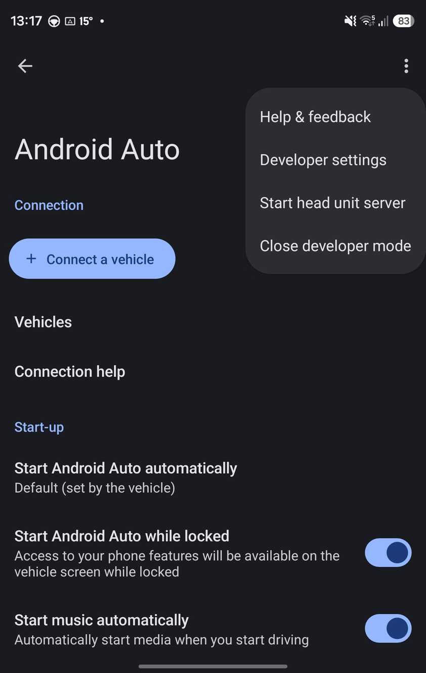 Starting the head unit server in the Android Auto settings.