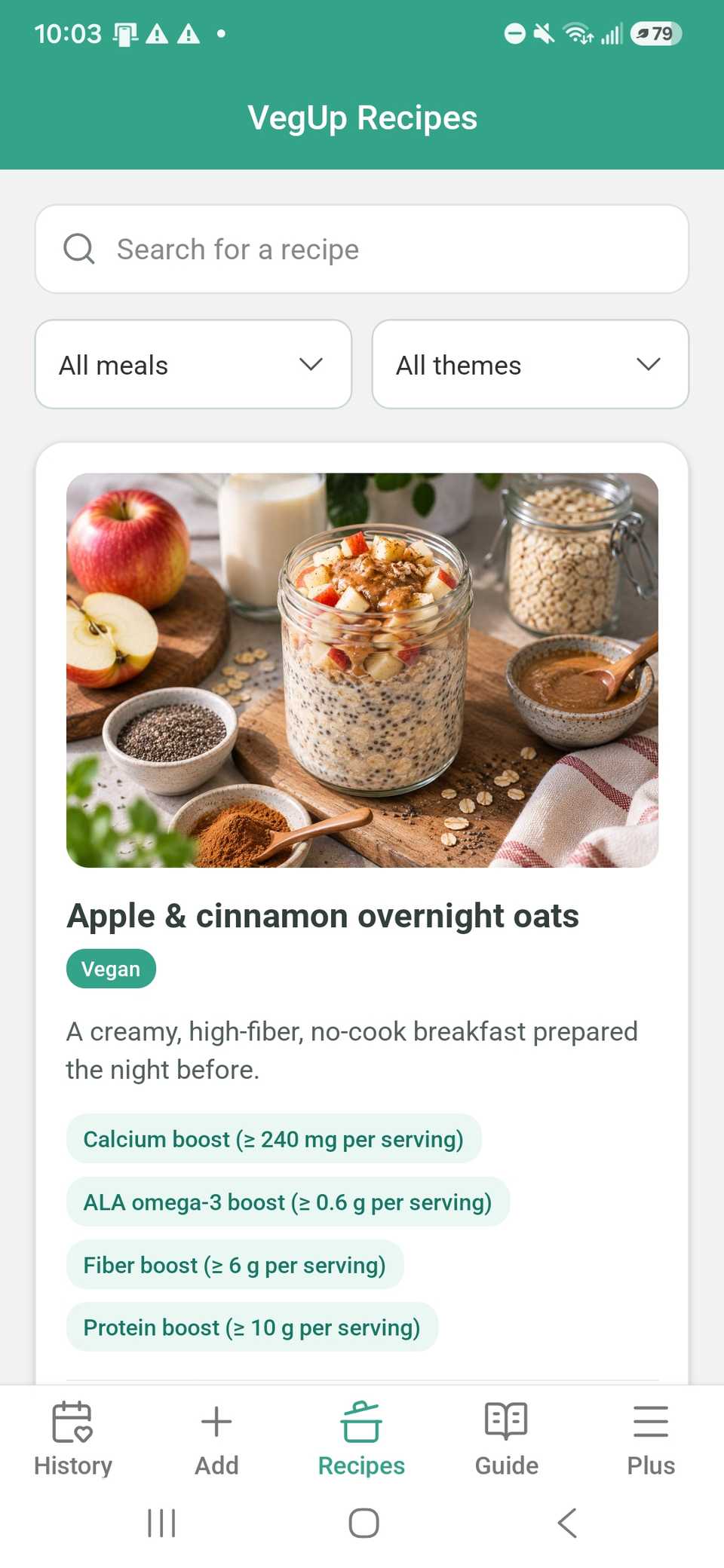 the new recipes section in the Veg'Up app