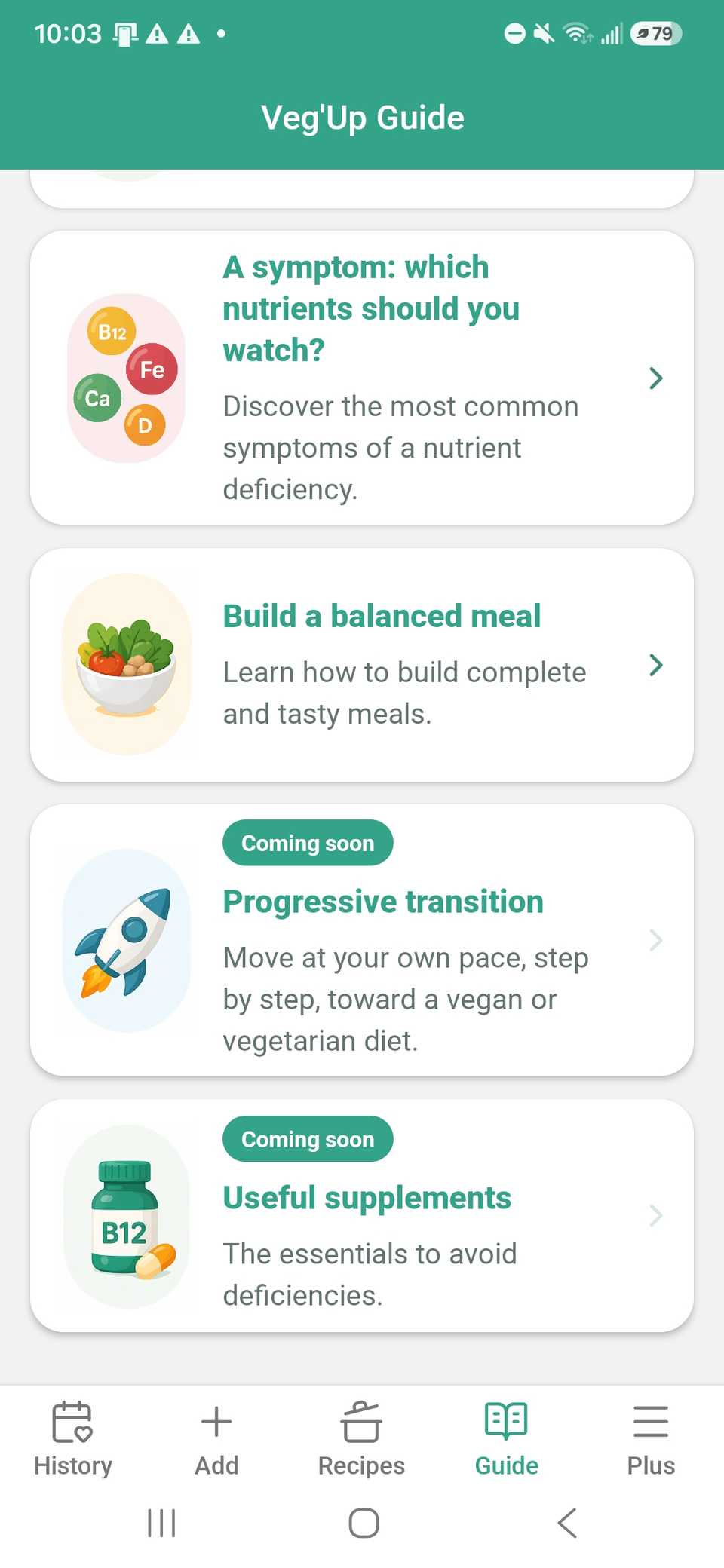 A list of guides to read in the Veg'Up app and showing coming soon features