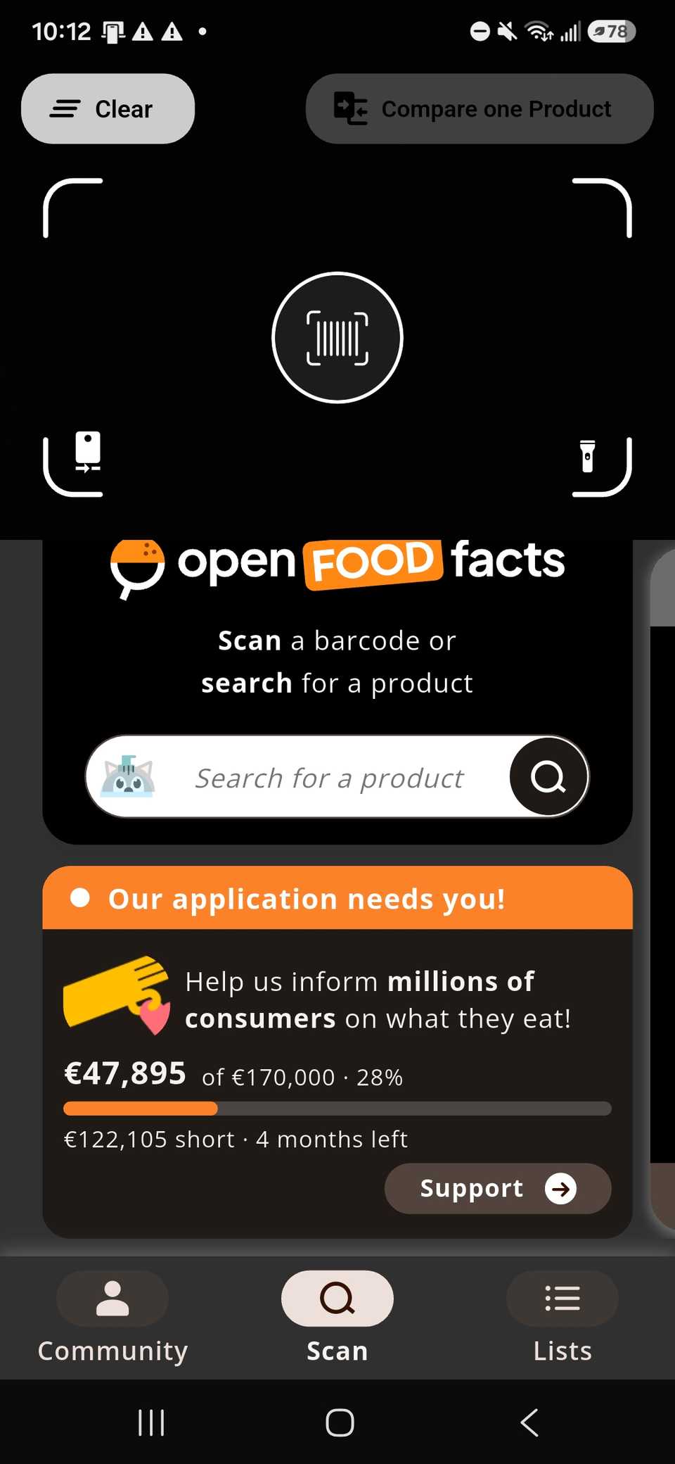 the scan section of the open source food app with camera active for bar code scanning