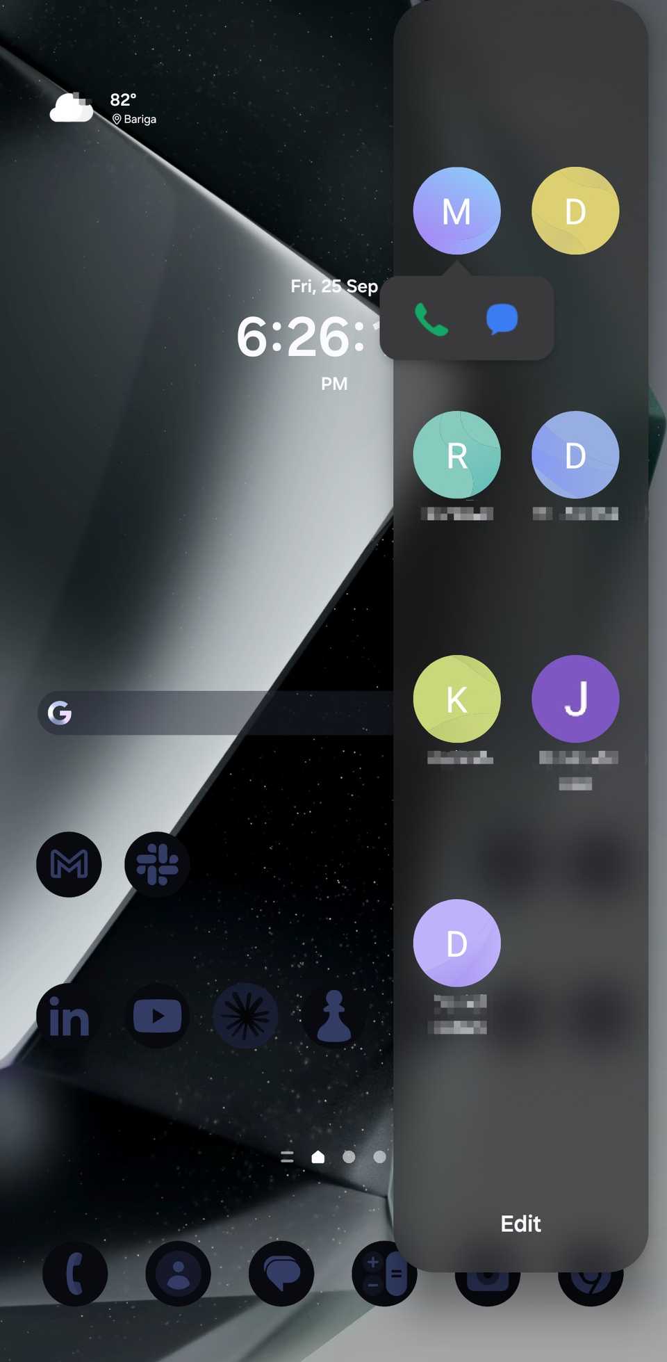 The People Edge panel with call and message buttons showing under one selected contact.