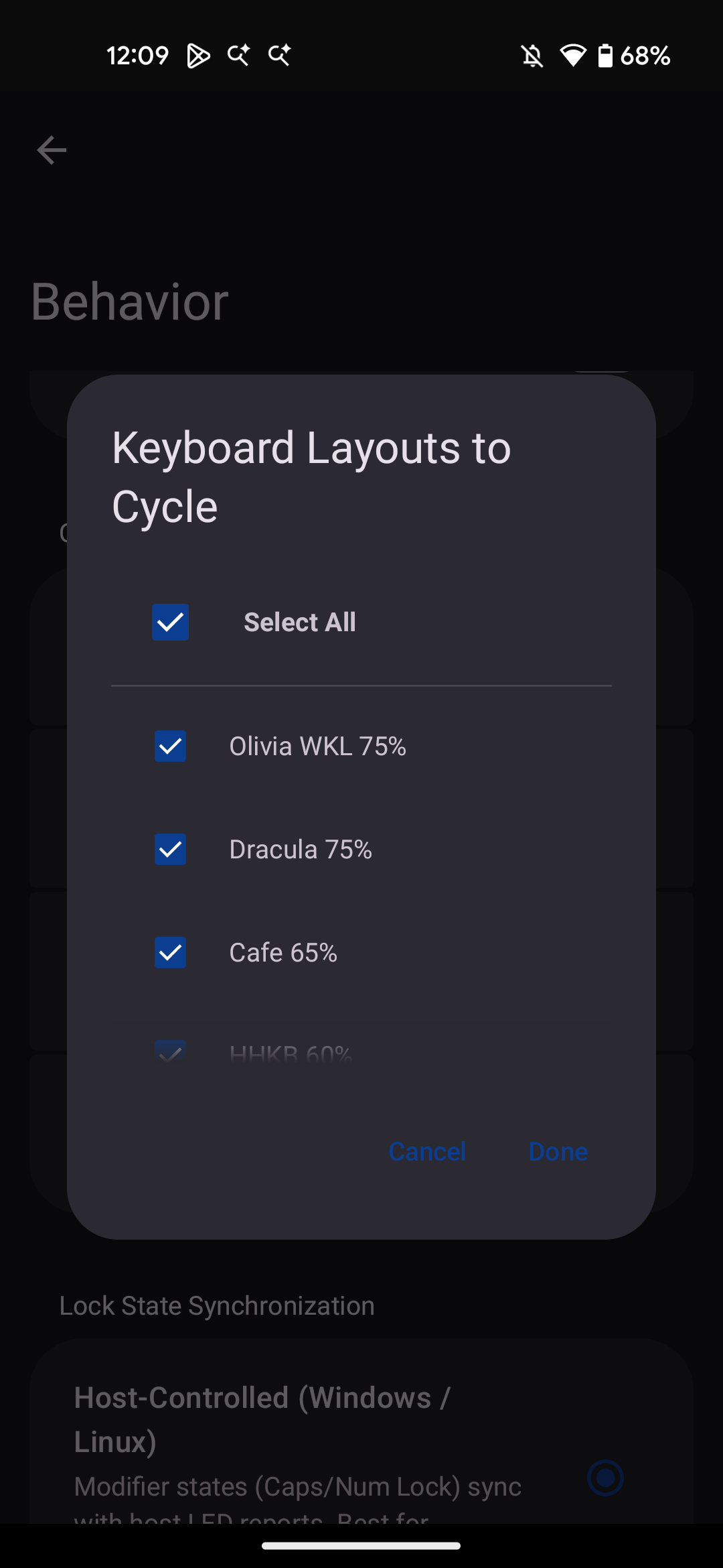 Bluke app screenshot showing different keyboard layouts
