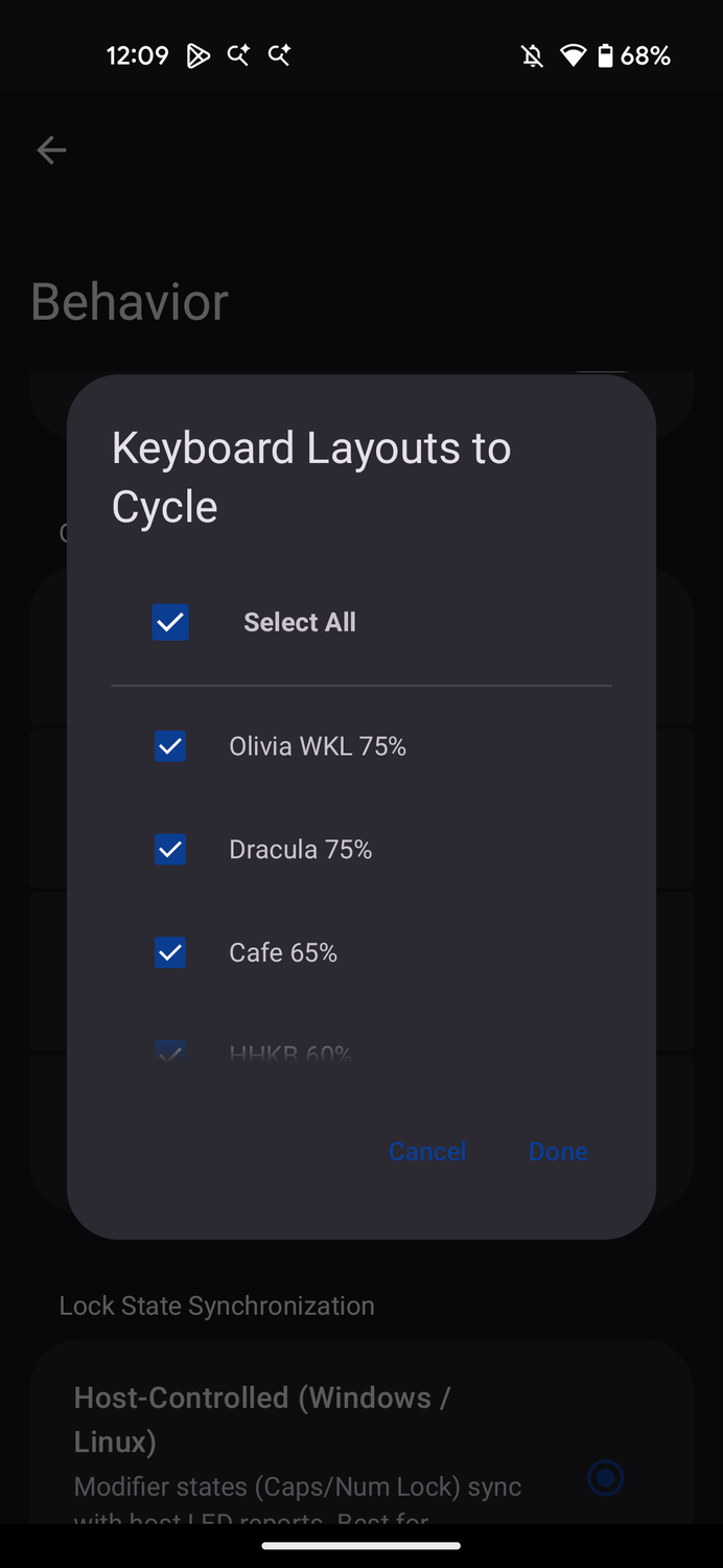 Bluke app screenshot showing different keyboard layouts