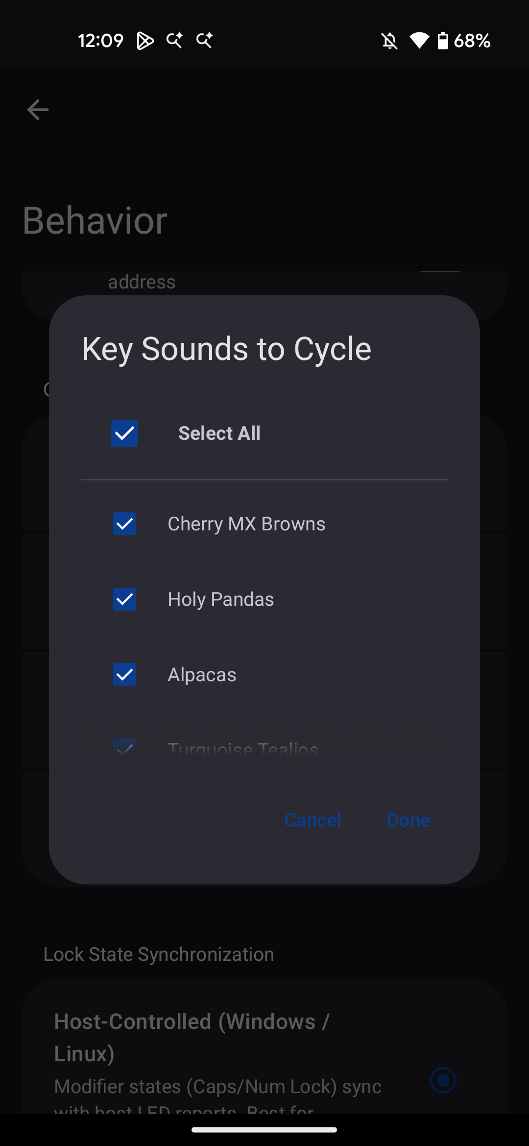 Bluke app showing sound styles for clicks in virtual keyboard