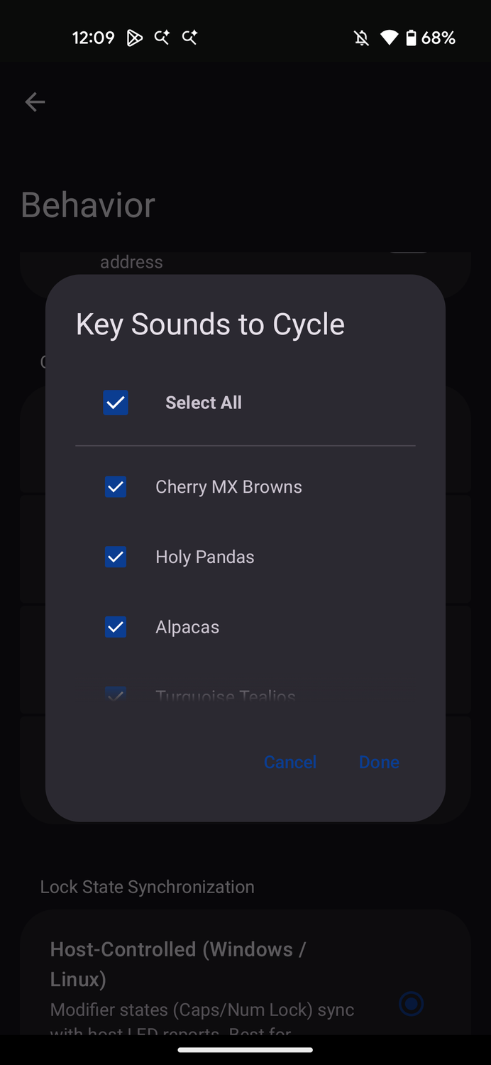 Bluke app showing sound styles for clicks in virtual keyboard