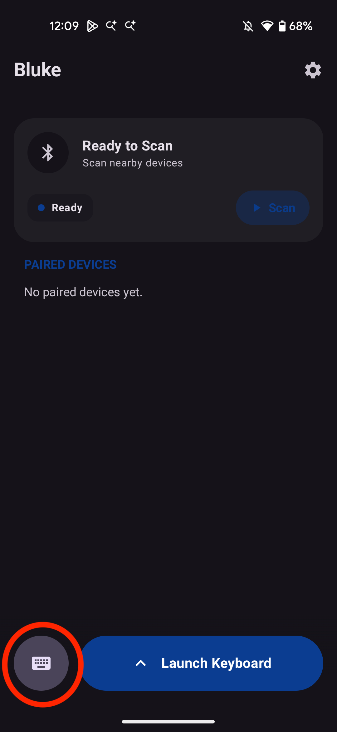 Bluke app showing the keyboard mode highlighted