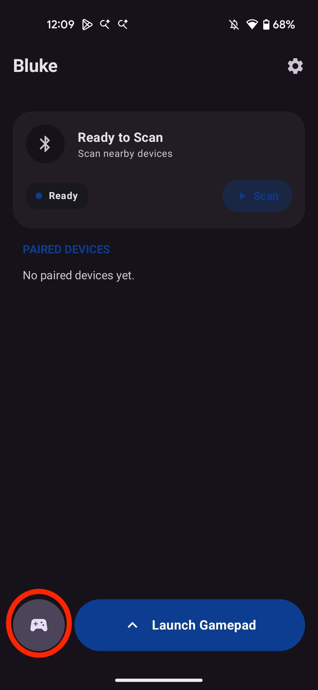 Bluke app screenshot showing gamepad mode highlighted in red